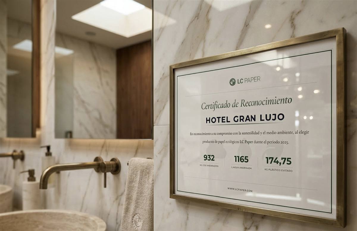 Certificado de reconocimiento medioambiental en baño de hotel