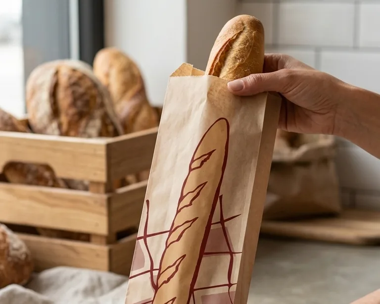 Bolsa de papel kraft para baguette, impresa, en el mostrador de una panader&iacute;a