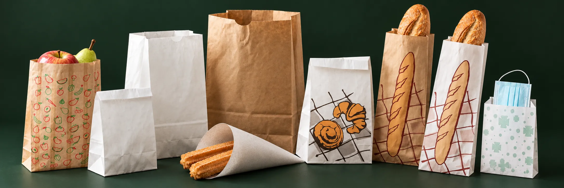 Bolsas de papel LC PACK: bolsa de fruta, bolsas SOS blanca y kraft, cono de churros, bolsas de boller&iacute;a y de baguette y bolsa de farmacia
